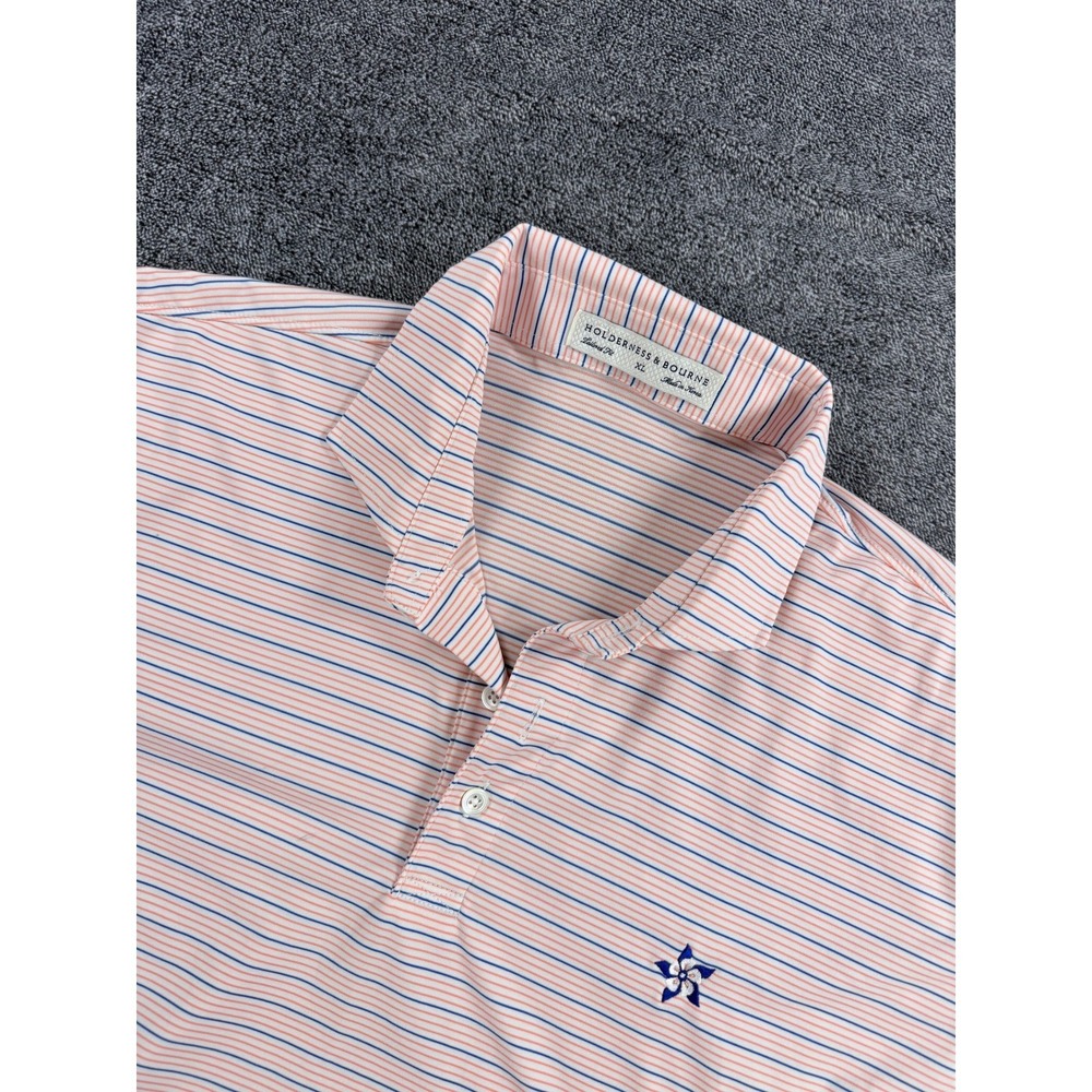 Holderness & Bourne Mens XL Tailored Fit Striped Golf Polo Shirt Orange Blue